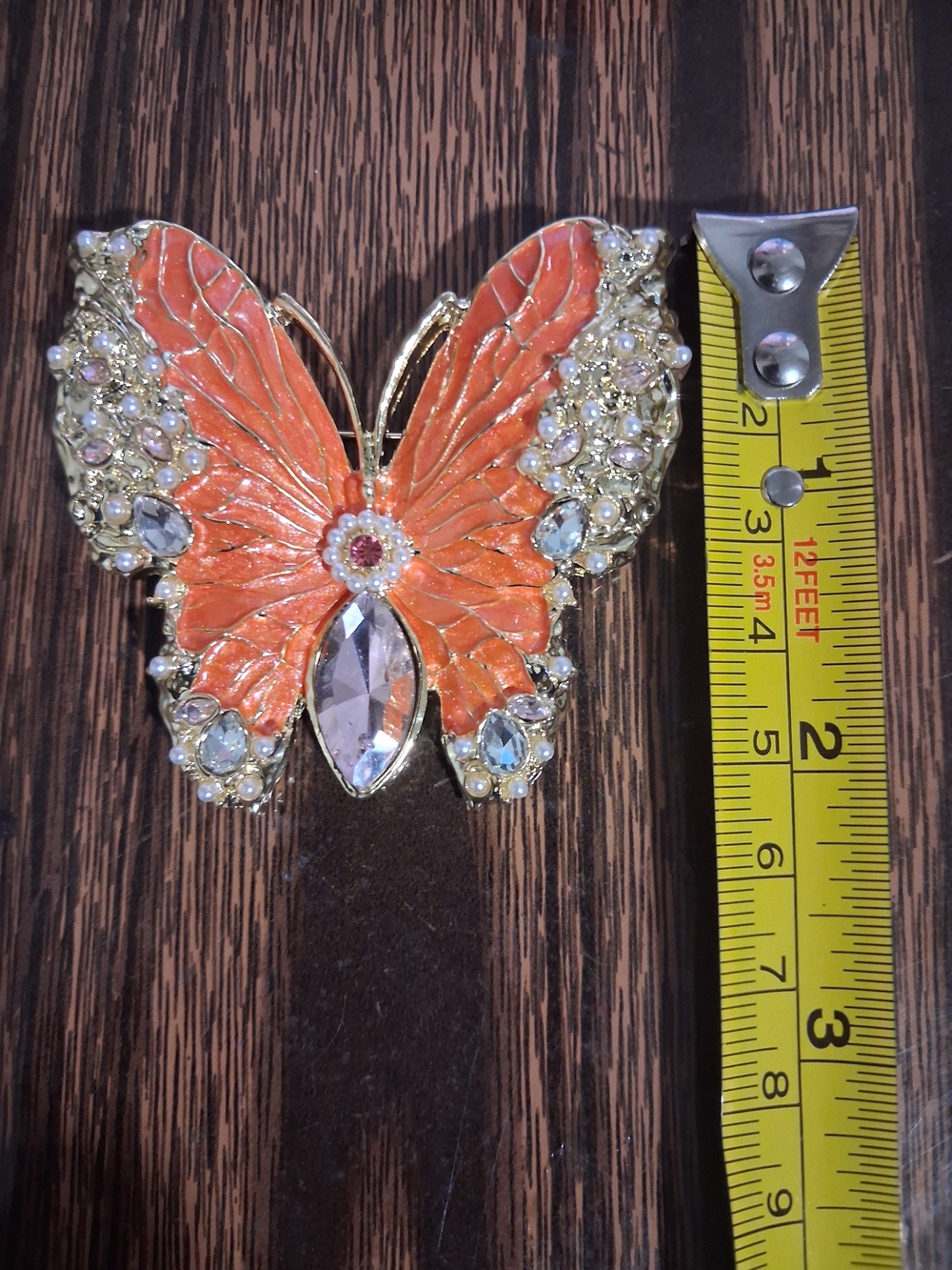 Gold-Tone Orange Butterfly Brooch with Crystal & Pearl Detail - Picture 6 of 6